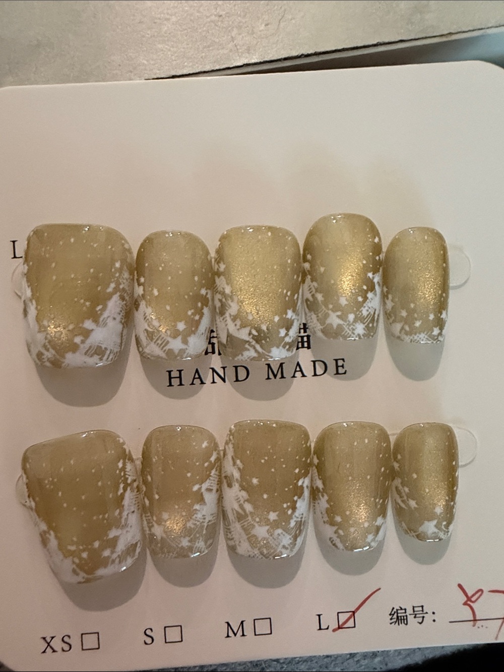 Handmade Gold Cateye and White Marble acrylic Press-On Nails